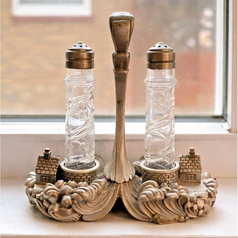 Nautical Style Pewter Salt & Pepper Shakers Set with Glass Bottles